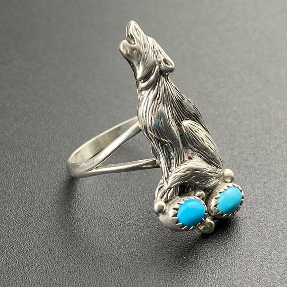 RARE Vtg Running Bear Trading Gallop Turquoise Sterling Silver Wolf Ring Sz 9.5 - Picture 4 of 16